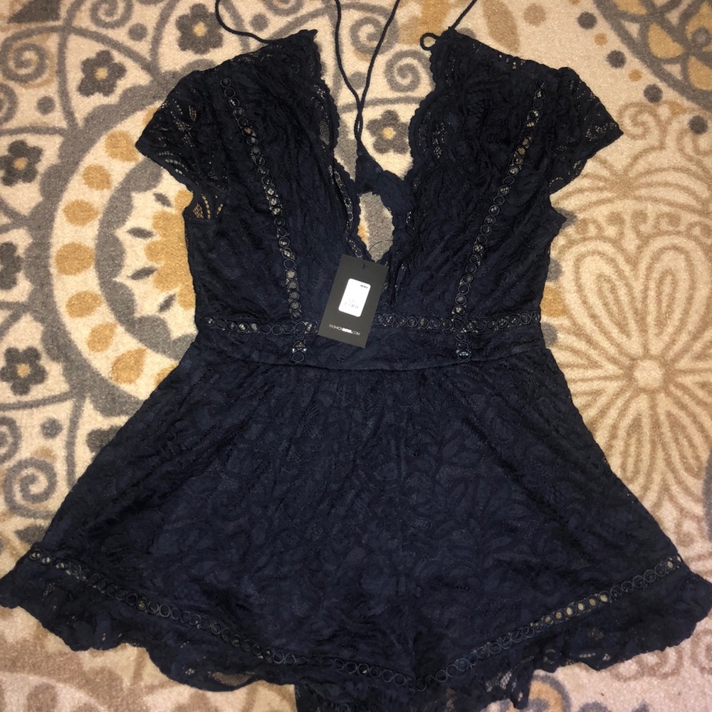 Fashion Nova Navy Lace Romper
